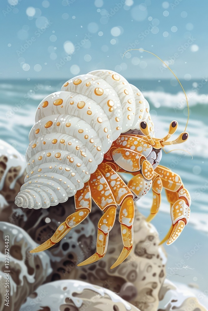 Poster a colorful hermit crab with a shell, surrounded by waves and coral on a beach.
