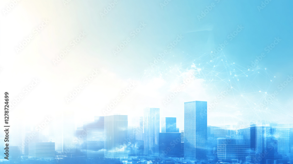 Poster modern cityscape connecting with network on blue sky background represents global business and digit