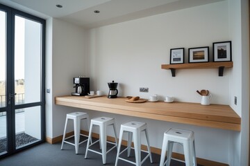 Wooden table or countertop top corner with modern kitchen background. Kitchen furniture with worktop, minimalist design
