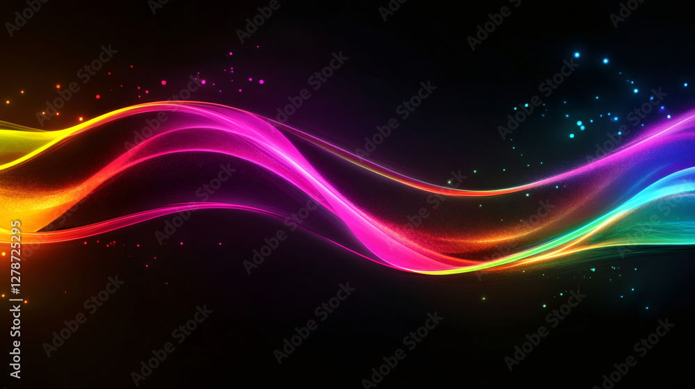 Poster Colorful abstract wave with glowing particles flowing on a black background, creating a vibrant and dynamic design