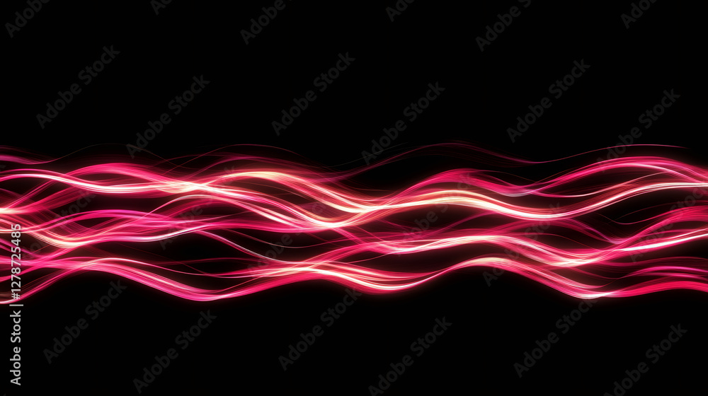 Poster luminous pink-white curved lines swirling dynamically against dark backdrop, generating fluid geomet