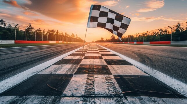 Triumphant finish at sunset  checkered flag waves against a stunning orange and red sky