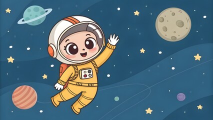 Astronaut floating with a waving hand chibi style