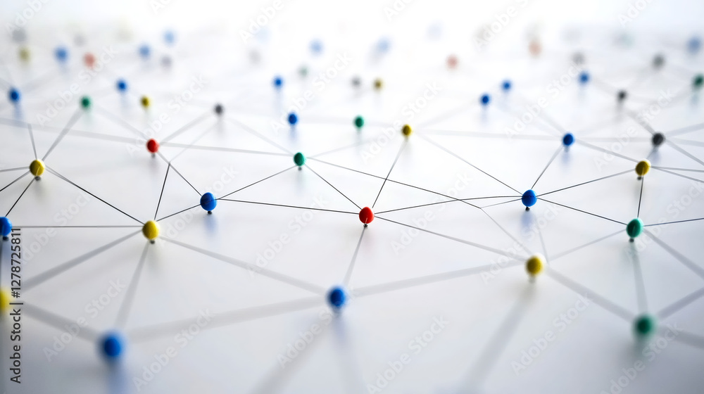 Poster colorful push pins connected by strings represent network, social media, internet or business connec