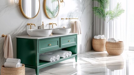 Obraz premium Luxurious Modern Bathroom with Green Vanity, Double Sinks, Mirrors, and Elegant Design Elements