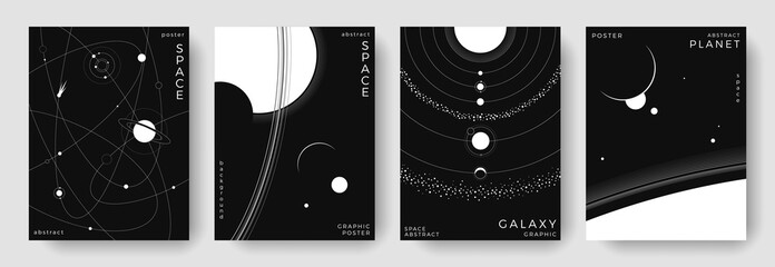 Set of abstract space astronomy backgrounds. Line art galaxy, universe, planet, solar system. Science future concept. Cosmic minimalist design for cover, poster, layout, banner, flyer, brochure