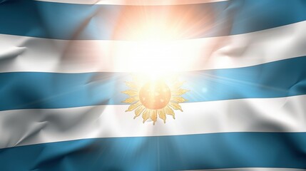 Fototapeta premium Vibrant Display of the Flag of Argentina with a Bright Sun Emblem Amidst Soft Blue and White Waves