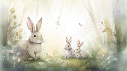 Set of cute watercolor rabbits with baskets of flowers png. Cute fluffy rabbits with watercolor flowers. Spring concept. Cute rabbits with flowers.