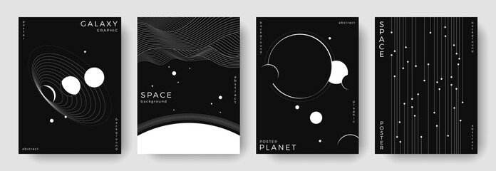 Set of abstract space astronomy backgrounds. Line art galaxy, universe, planet, solar system. Science future concept. Cosmic minimalist design for cover, poster, layout, banner, flyer, brochure © Anastasiya Stoma
