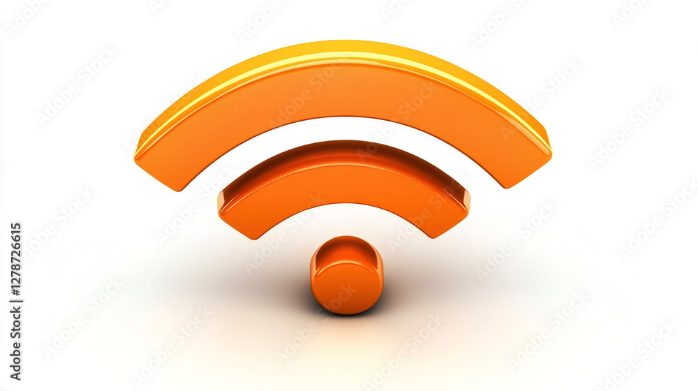 Poster glossy orange wireless network icon hovering above white surface, symbolizing digital communication 