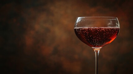 sparkling red beverage served in a clear stemmed glass. The drink is filled with bubbles and exhibits a vibrant red hue, indicative of a sparkling wine. The dark, moody background enhances the rich co