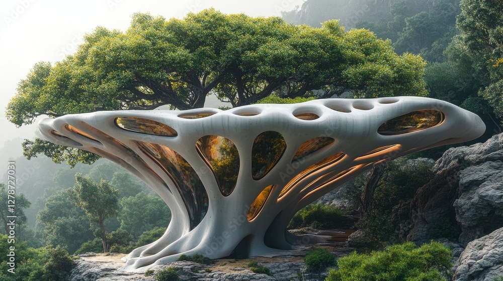 Poster Futuristic Tree Structure Integrating Nature and Architecture Elements