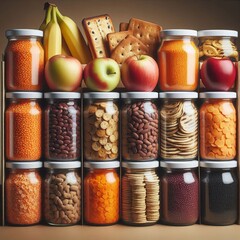  a row of jars filled with various food items, grouped into three boxes. 
