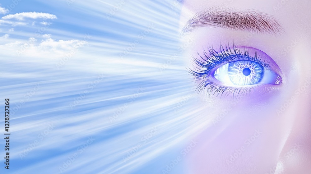 Poster mesmerizing pair of ethereal eyes glowing softly against a dreamy sky background with soft light ray