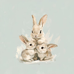 Set of cute watercolor rabbits with baskets of flowers png. Cute fluffy rabbits with watercolor flowers. Spring concept. Cute rabbits with flowers.