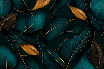 Fototapeta premium Teal Gold Leaves Abstract Background