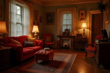 Vintage-Inspired Living Room with Velvet Sofa and Antique Wooden Furniture