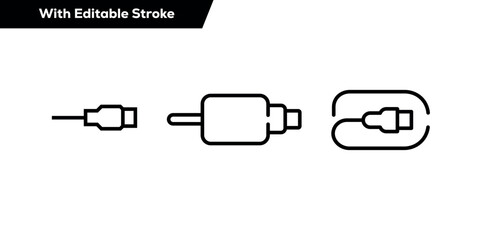 Charging Cable and Adapter Icons – USB, Power Plug, Electric Charger, Editable Stroke Vector