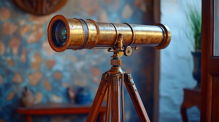 Antique brass telescope on wooden tripod.