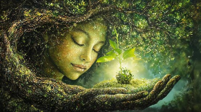 Humanity reconnects with nature through nurturing a young plant in a mystical forest scene