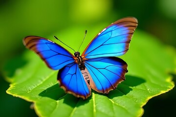 Vibrant Blue Butterfly on a Lush Green Leaf