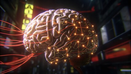 Ultra detailed futuristic ai brain with glowing ne