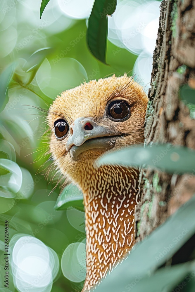 Poster A close-up of a bird peeking from behind a tree, showcasing its unique features.