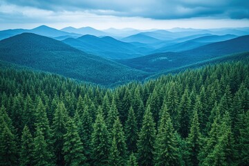 Lush green forest stretches across rolling mountains under moody