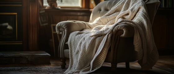 A cozy armchair draped with a thick, knitted blanket, basking in the warm glow of sunlight streaming through a nearby window.