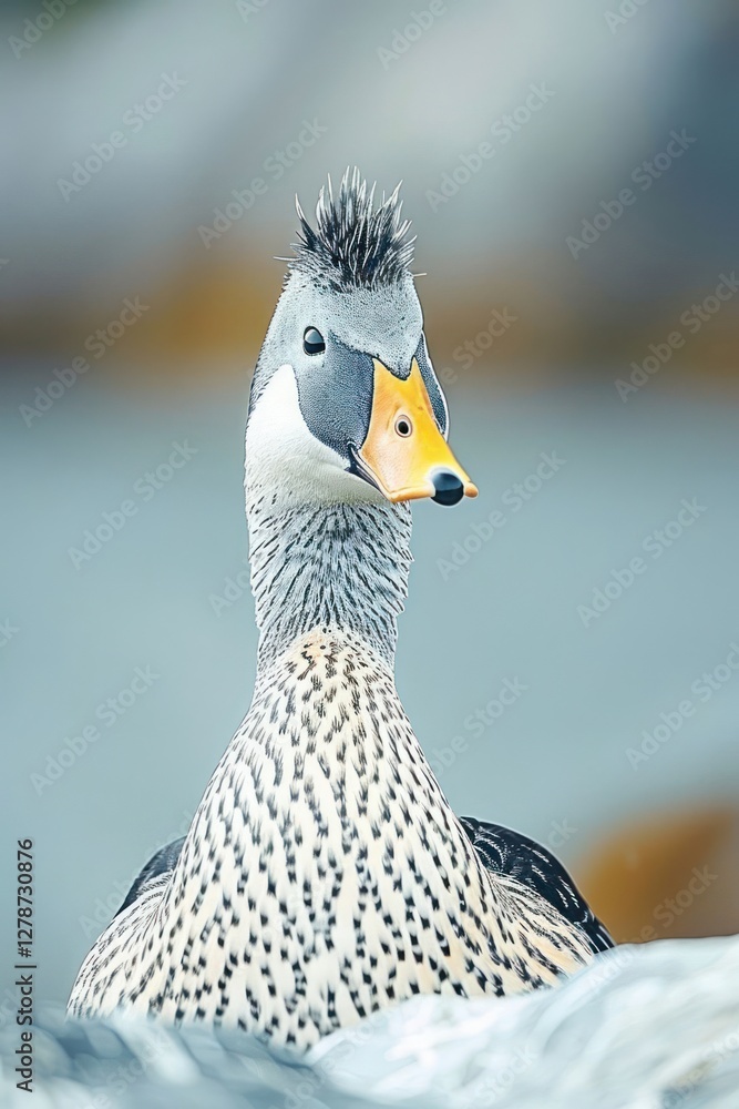 Poster a close-up of a unique duck with a distinctive crest and spotted plumage.