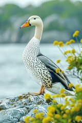 Fototapeta premium A spotted duck stands on a rock near a body of water, surrounded by yellow flowers.