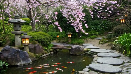 Naklejka premium Serene japanese garden with koi pond cherry bloss