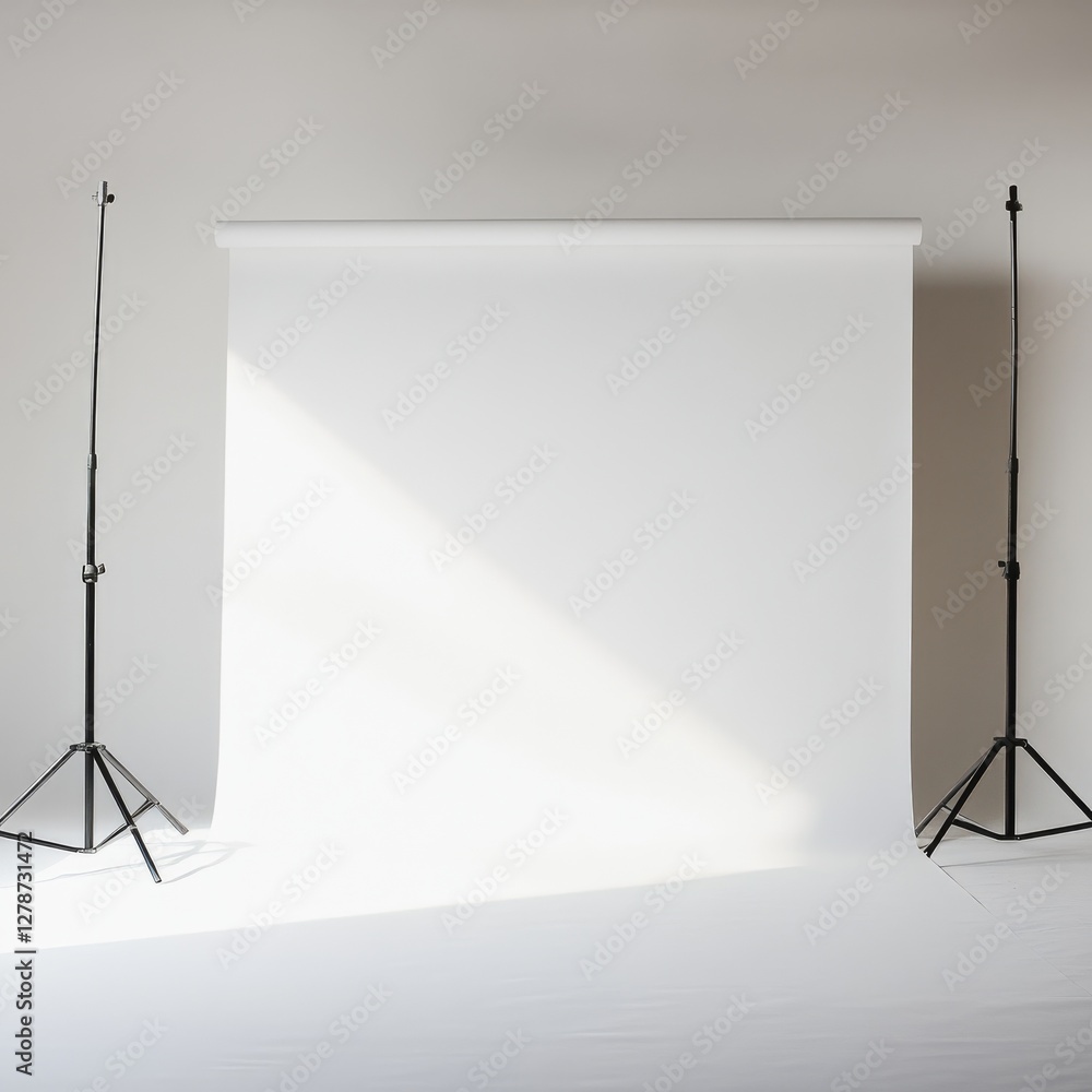 Aufkleber bright studio setup: a minimalist scene with white backdrop and stands ready for a photoshoot