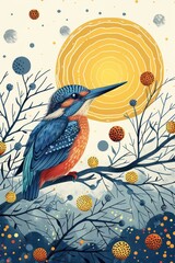 A colorful illustration of a kingfisher perched on branches against a vibrant sun backdrop.