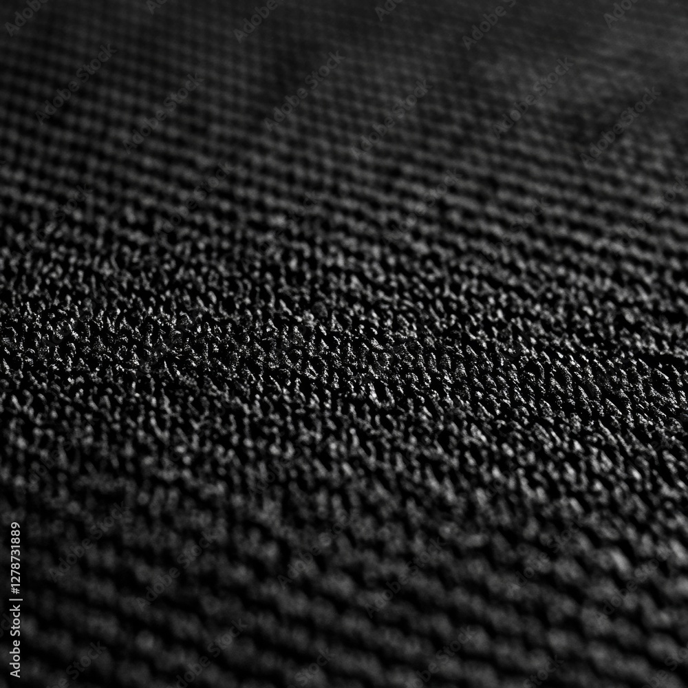 Poster close-up of textured black fabric: abstract dark textile pattern with depth of field and woven detai
