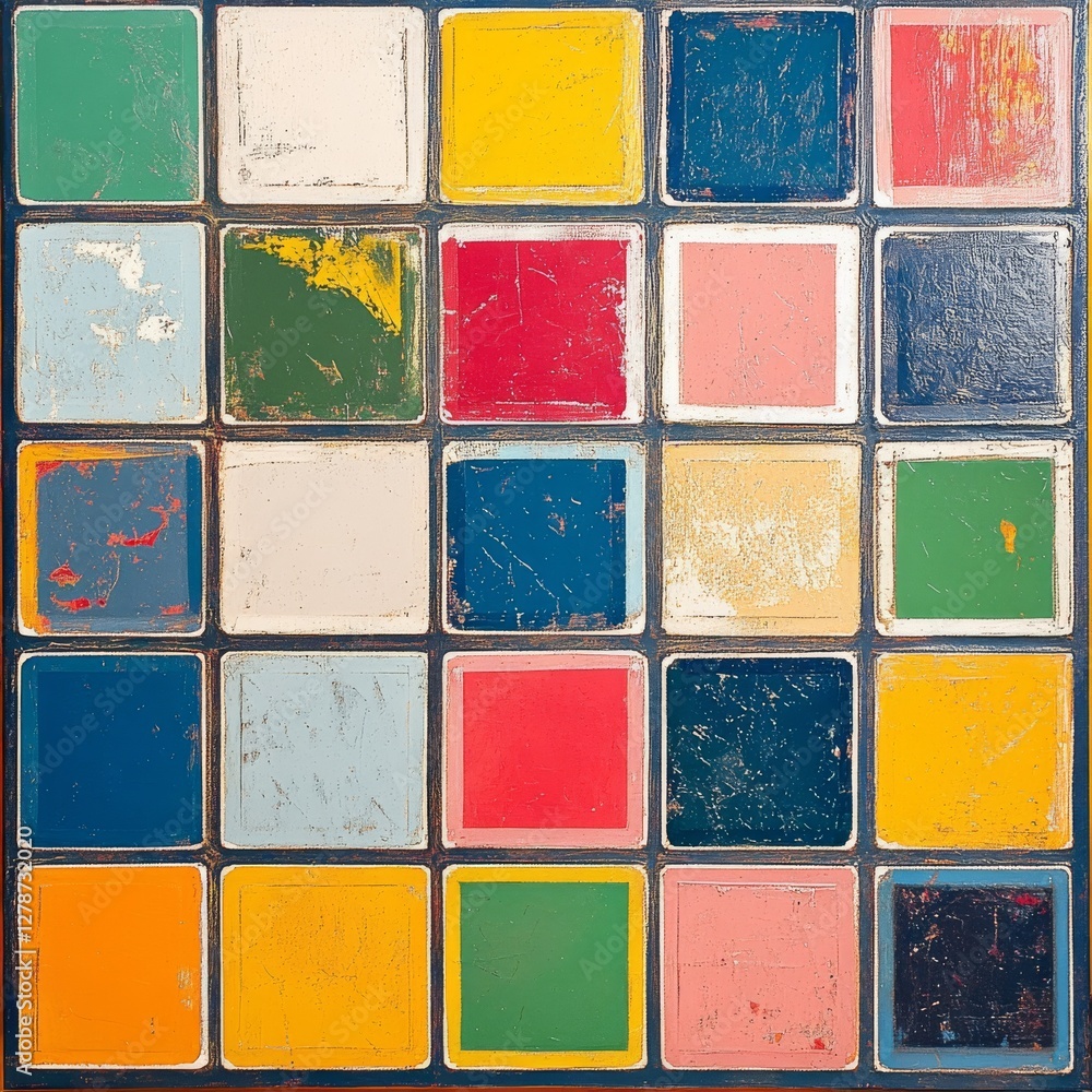 Aufkleber colorful square panel abstract: a distressed grid of vintage hues and textures creates a dynamic vis
