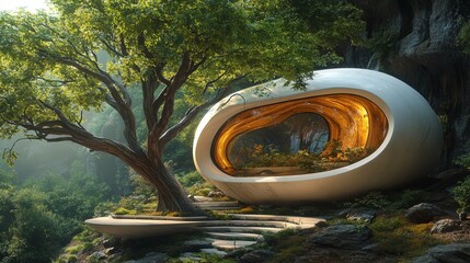Futuristic Tree House with Organic Design and Natural Surroundings
