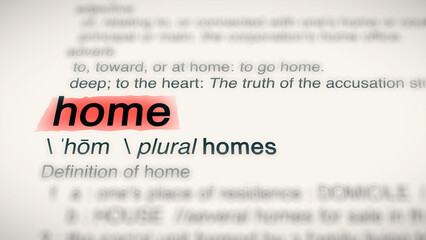 A close-up illustration of the word "home" in a dictionary, showing its definition and meaning