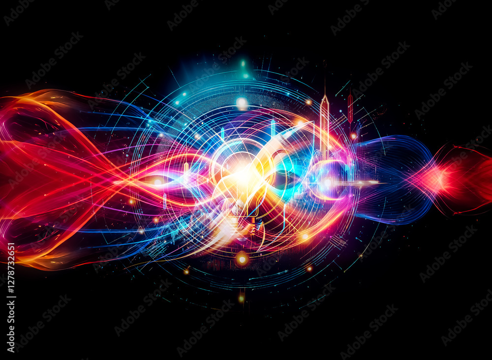 Aufkleber illuminated light bulb at the core of a glowing circular tech design. beams of blue and orange light