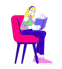 Y2k woman reading book in cozy chair 2D cartoon character. Self improvement. Comfortable seating reader female bookworm isolated person flat vector on white background. Spot illustration colorful