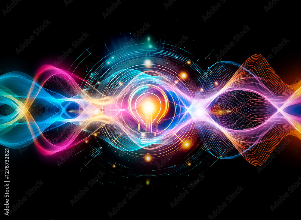Aufkleber illuminated light bulb at the core of a glowing circular tech design. beams of blue and orange light