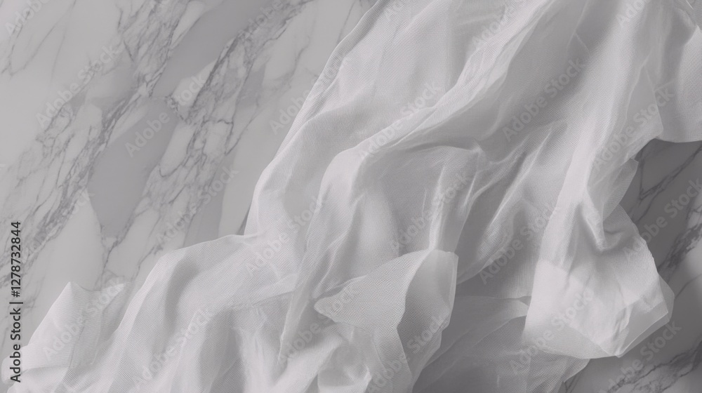 Aufkleber soft white fabric on gray marble surface with smooth and rough textures blending for unique visual a
