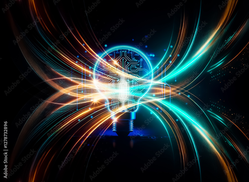 Poster a glowing lightbulb with a circuit board design inside, symbolizing innovative technology and bright