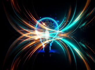 Obraz premium A glowing lightbulb with a circuit board design inside, symbolizing innovative technology and bright ideas. Digital circuitry flows around the bulb, set against a dark blue background.