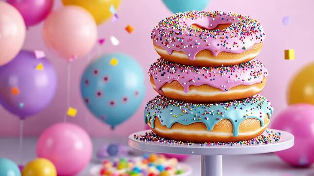 Colorful celebration with stacked donuts and balloons