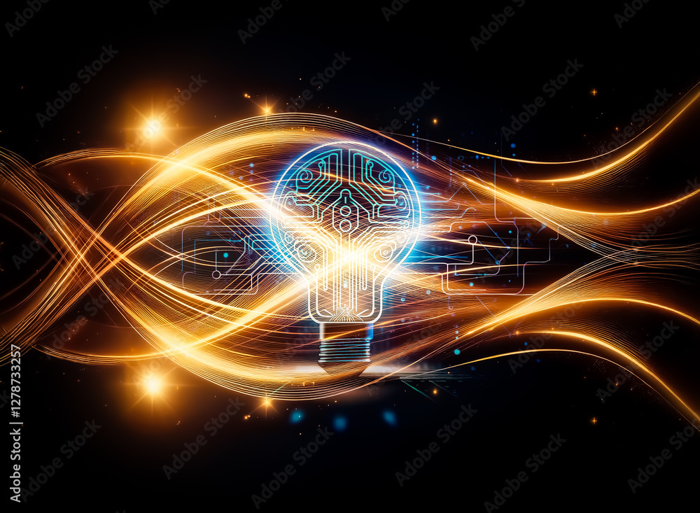 Poster a glowing lightbulb, its filament replaced by intricate circuitry, sits on a digital circuit board b