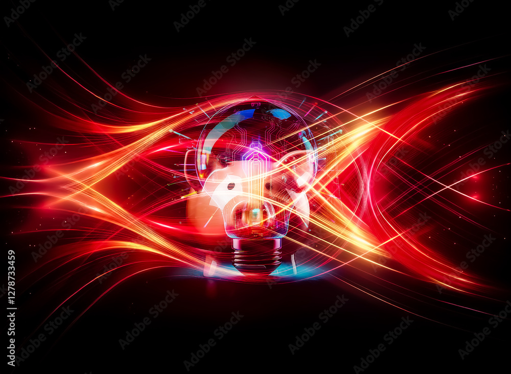 Poster A vibrant lightbulb illuminates the dark, radiating colorful energy.  Bright hues burst outward, creating a dynamic and luminous display.  The bulb itself is a mesmerizing source of light.