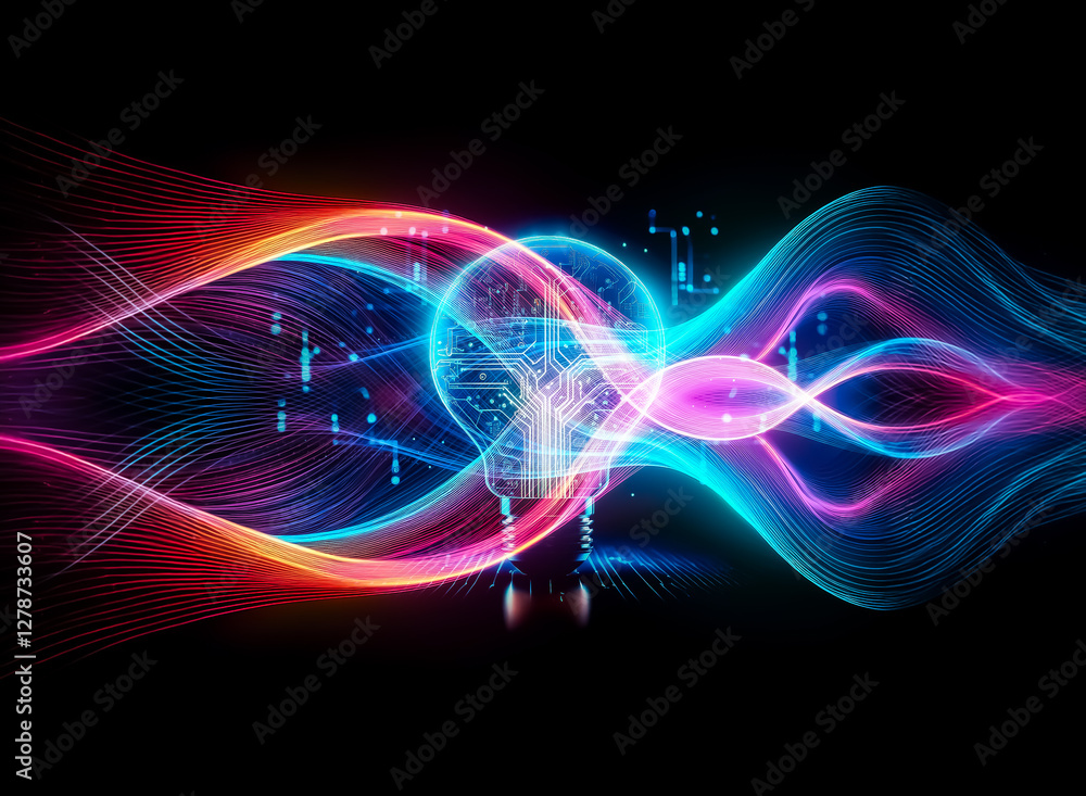 Aufkleber A glowing lightbulb, its filament replaced by a circuit board, sits in a dark space surrounded by glowing digital circuitry.  This symbolizes innovation and technological advancement.