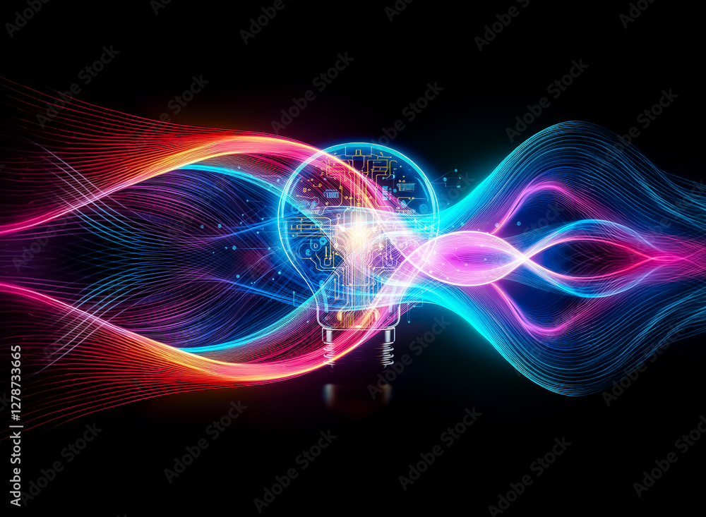 Poster A glowing light bulb with a circuit board inside, symbolizing innovation and technological advancement.  Its warm light reflects on a dark surface, creating a futuristic and elegant feel.
