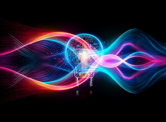 A glowing light bulb with a circuit board inside, symbolizing innovation and technological advancement.  Its warm light reflects on a dark surface, creating a futuristic and elegant feel.